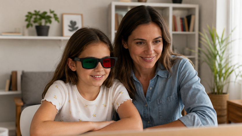 Children and adults using BiColor – Vision Trainer with anaglyph glasses