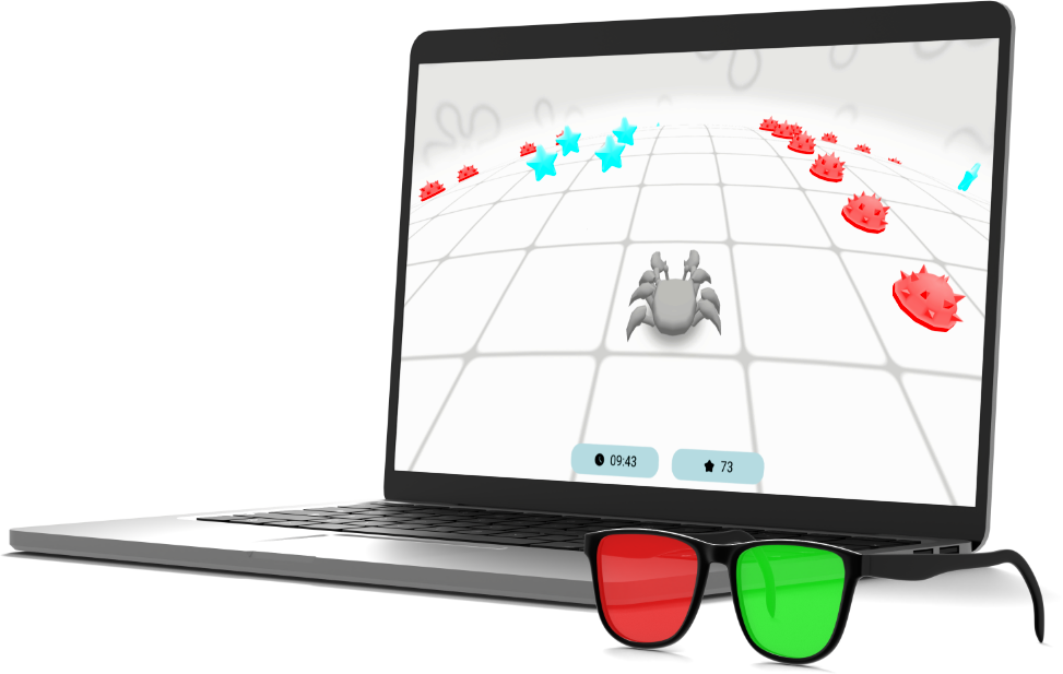 BiColor - Vision Trainer lazy eye training app with anaglyph glasses on laptop