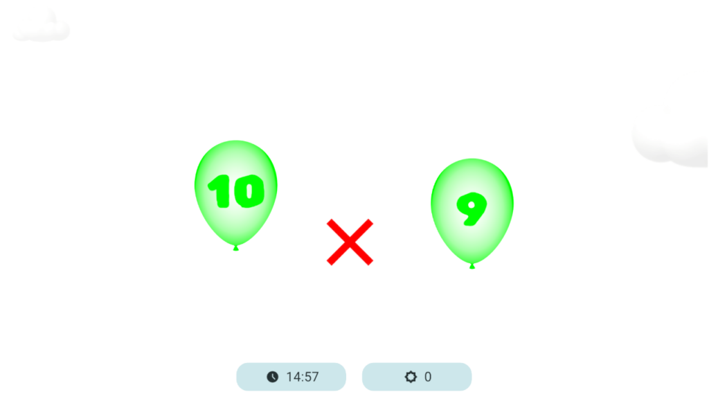 Balloons gameplay showing numbered green balloons and target selection in BiColor – Vision Trainer