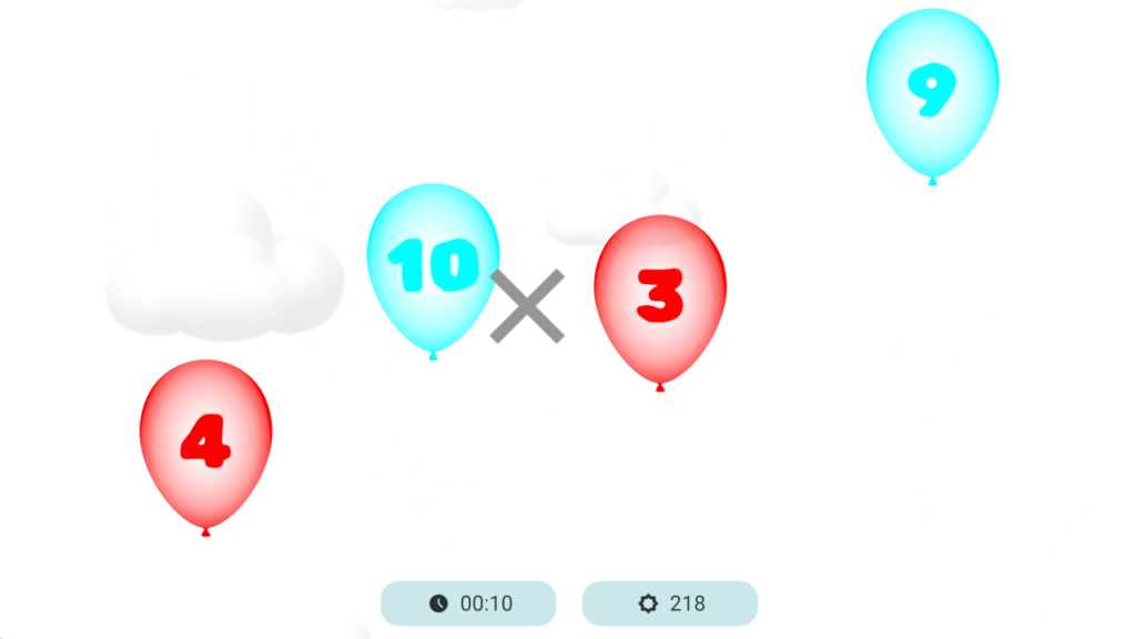 Balloons lazy eye mini-game with red and blue numbered balloons for visual attention practice