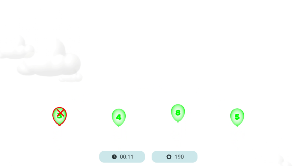 Balloons game screenshot showing numbered balloons to pop in order during vision training