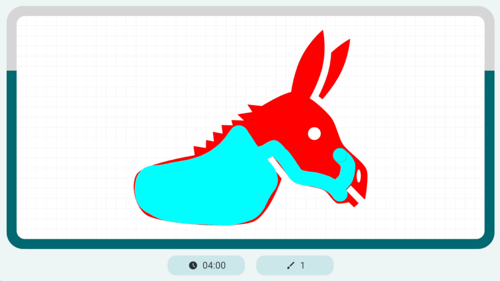 Paint lazy eye mini-game showing a donkey image being traced with red and blue colors