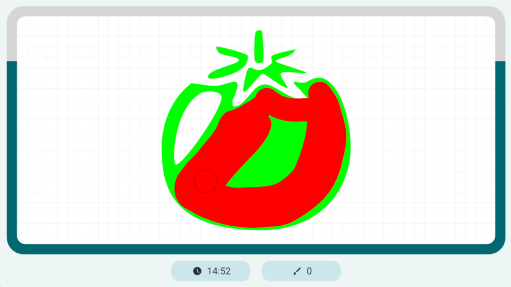 Paint mini-game screenshot with a tomato drawing task for anaglyph vision training