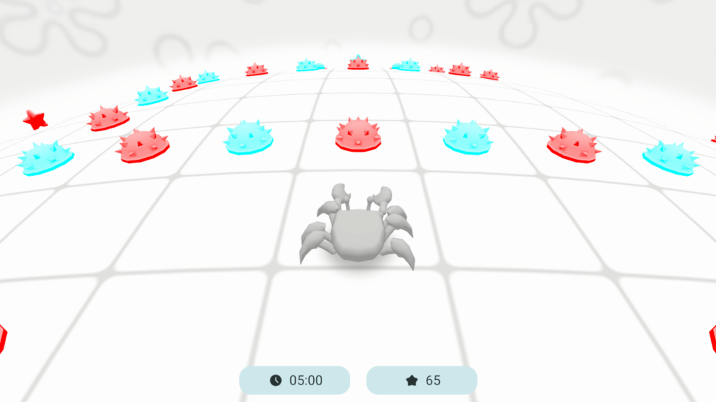 Star Crab mini-game screenshot showing a crab avoiding mines during anaglyph vision training