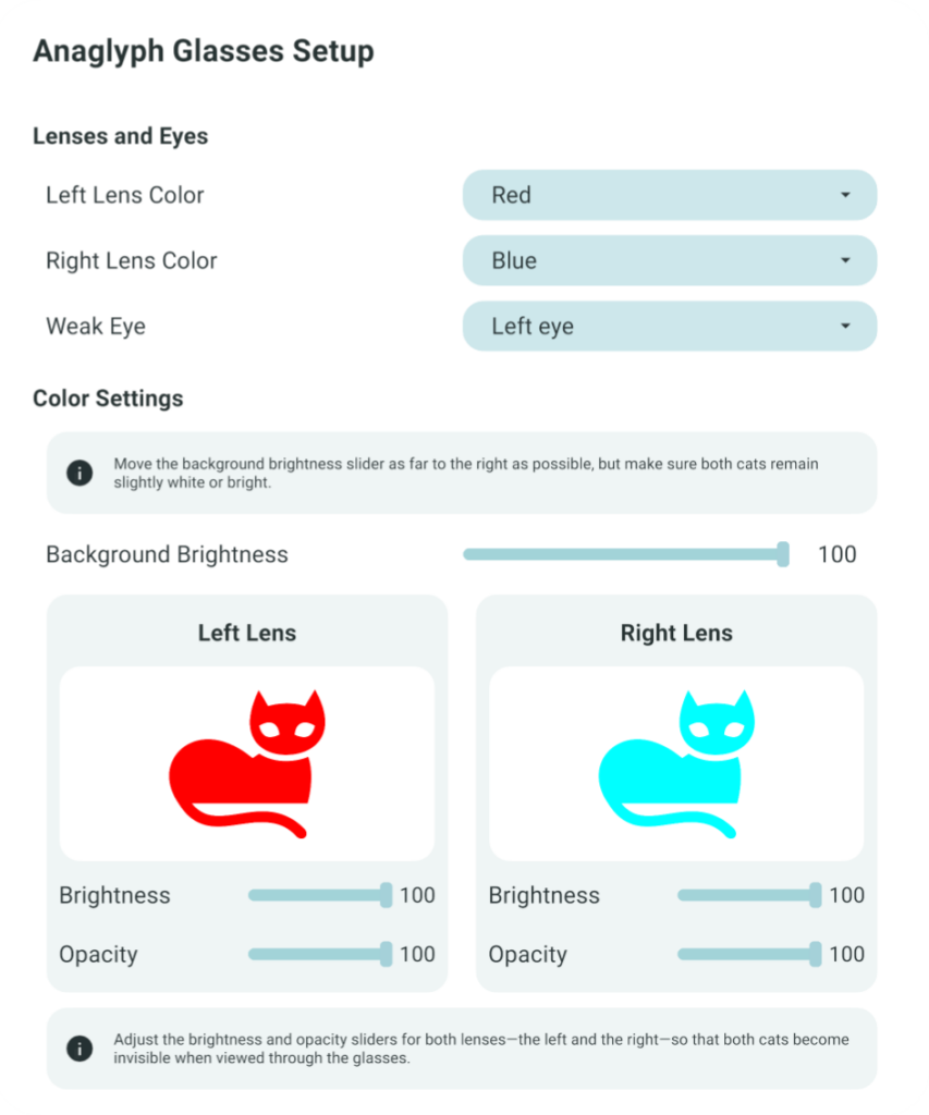 Anaglyph glasses setup BiColor Anaglyph Glasses Setup with a red left lens, blue right lens, left eye selected as weaker, and calibration controls