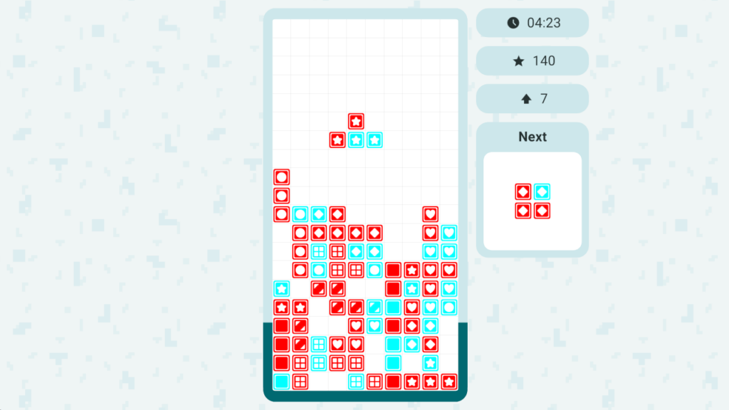 Bricks gameplay with a board filled with red and cyan symbol blocks and a score of 140