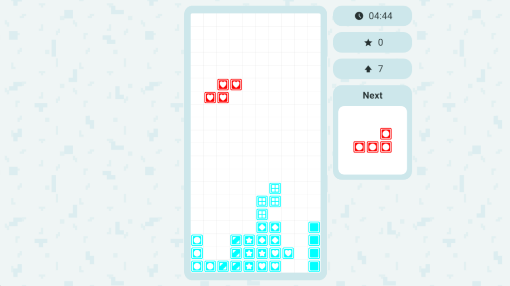 Bricks gameplay showing red blocks descending toward a stack of cyan symbol blocks