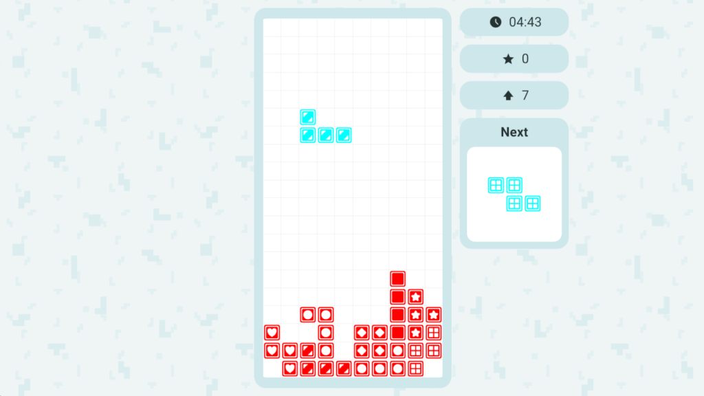 Bricks gameplay showing a cyan L-shaped piece above a stack of red symbol blocks