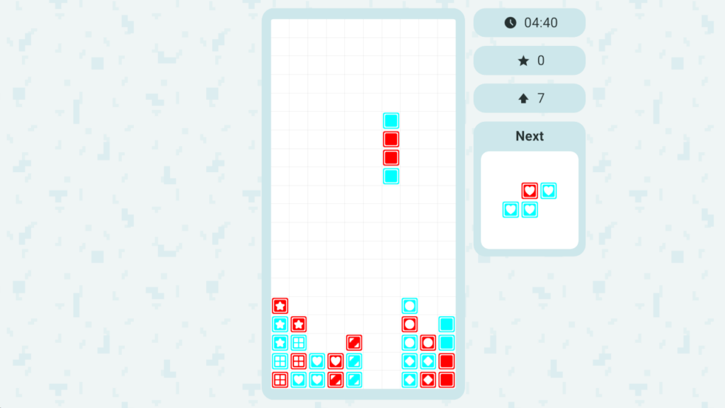 Bricks gameplay showing a red-and-cyan vertical piece falling between two stacks of symbol blocks