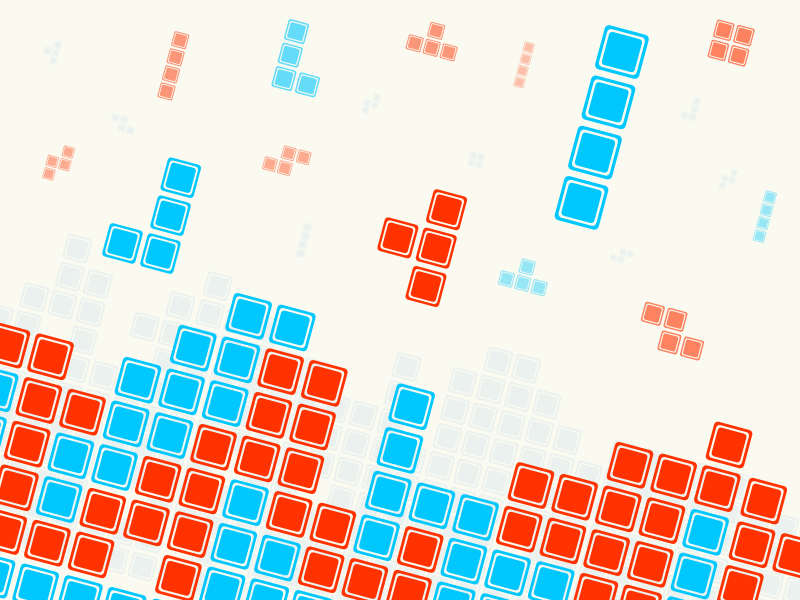 Bricks mini-game cover with red and cyan pieces falling onto a pile of blocks